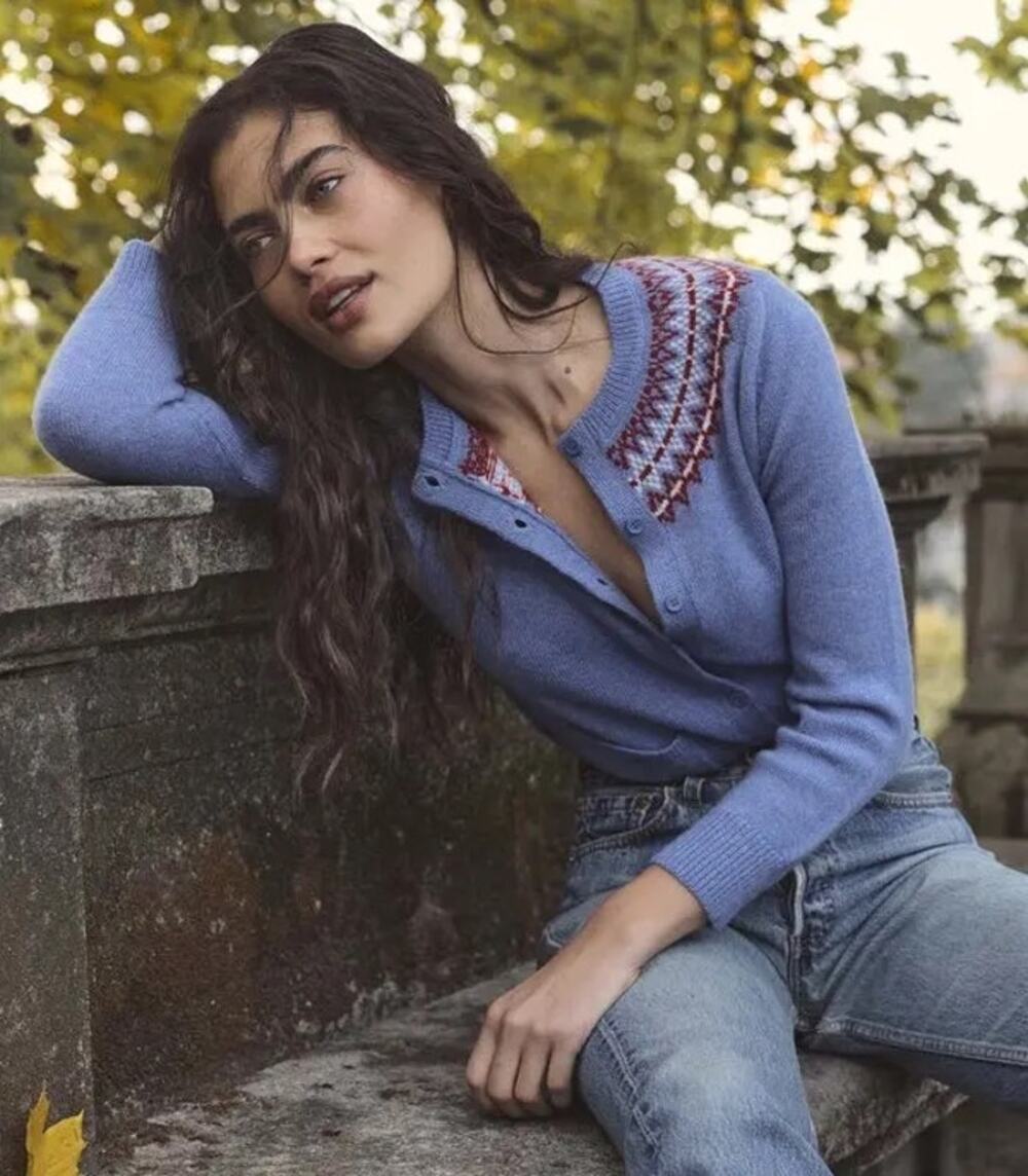 Doen Elliot Cashmere Cardigan Vashon Fair Isle Jacquard Blue Size S NWT